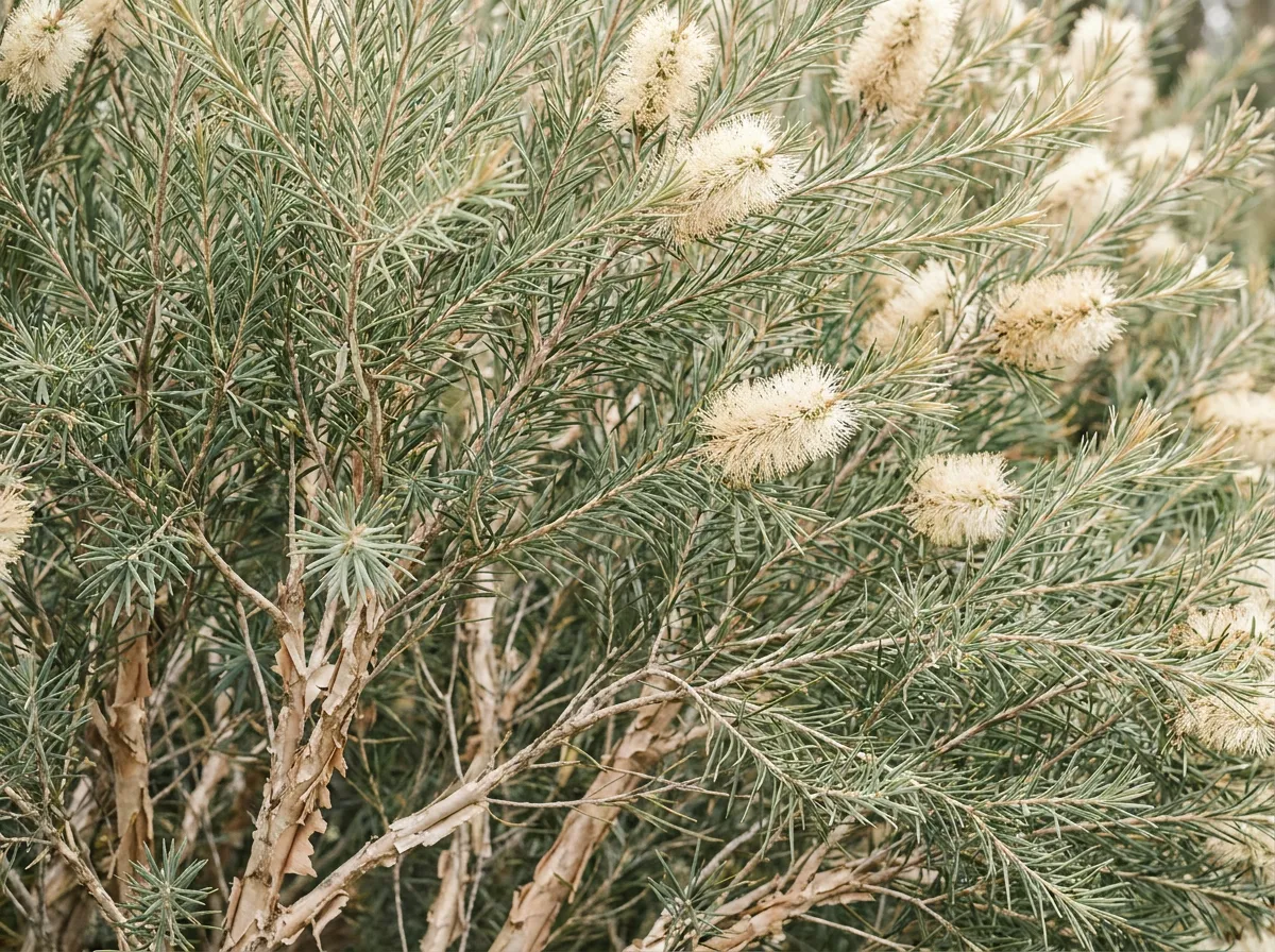 Rows of tea tree paperbark shrubs with fine needle-like foliage