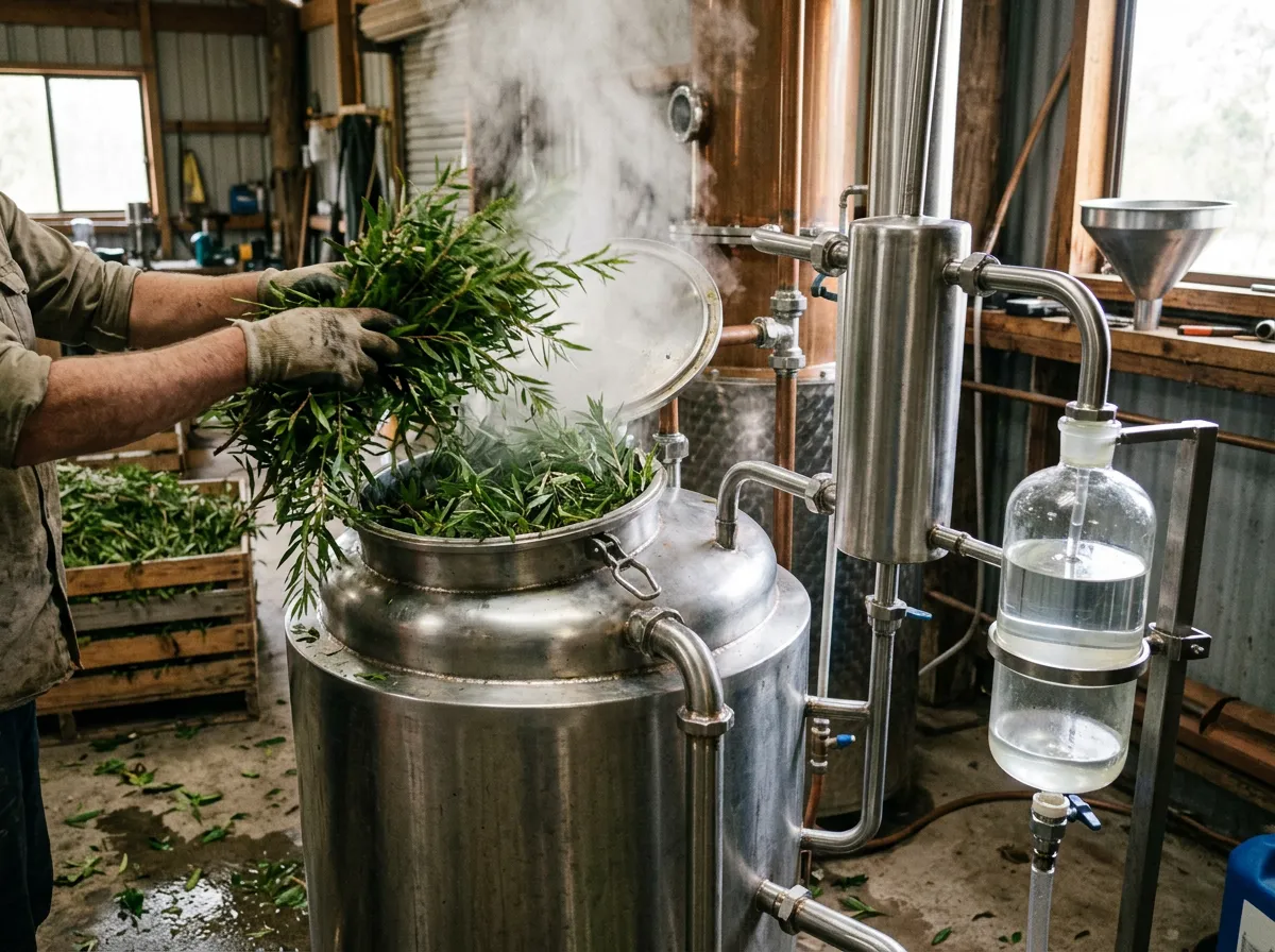 Freshly cut tea tree foliage loaded into a still in a working distillery